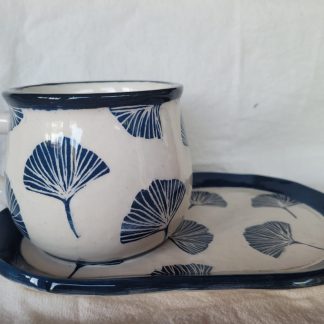 Taza con plato "Ginkgo biloba" - Cerámica artesanal
